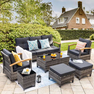 7 Pieces Patio Furniture Sets,Outdoor Rattan Furniture Conversation Sets With 2 Wood Armrests Swivel Rocker Chairs, 2 Ottoman, 2-Seat Sofa And Coffee Table