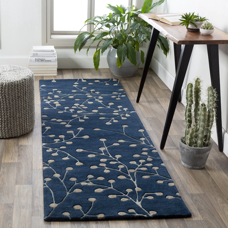 Elsberry Hand Tufted Wool Floral Indoor Rug, Runner 2'6" x 8', Navy 