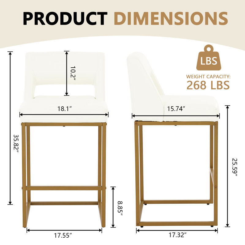 Tabouret de bar en polyuréthane rembourré avec structure en métal, ensemble de 2, Blanc