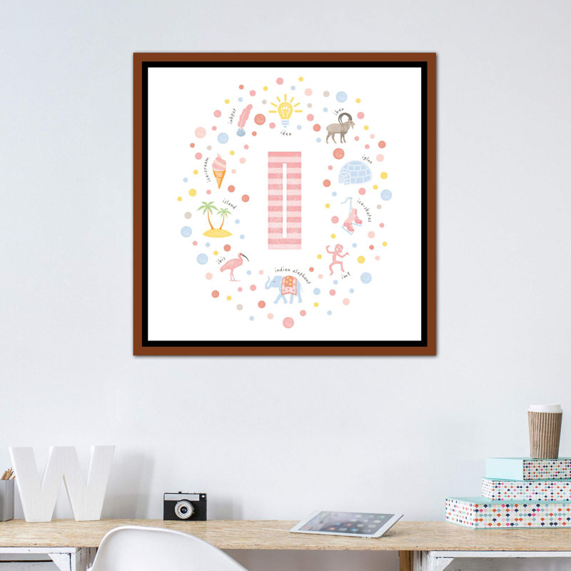 Lettre illustrée I rose - impression, Toile avec cadre brun, Pas de tapis, H 37 po x l 37 po x P 1,5 po