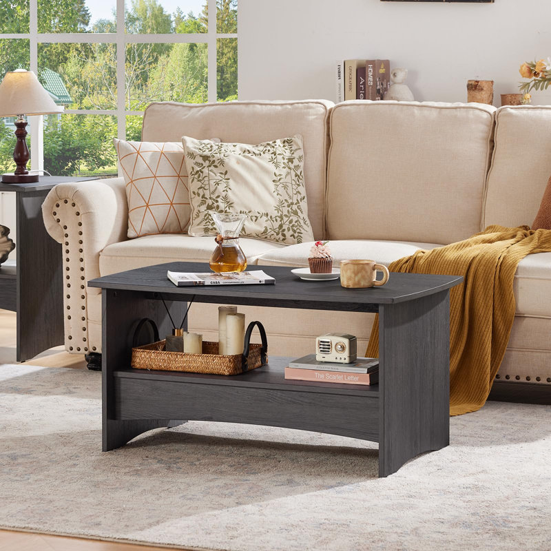 Table basse Farmhouse avec rangement ouvert à 2 niveaux et bords courbés, Gris foncé