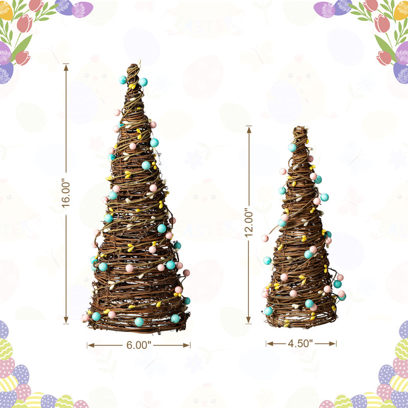 12"/16''H Set Of 2 Easter Rattan And Berries Table Tree