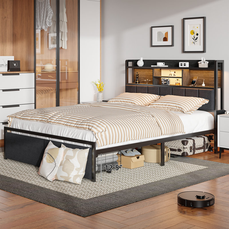 Upholstered Bed Frame with 2 Storage Drawers, Modern Full Platform Bed with Charging Station & LED Light, No Spring Box Needed