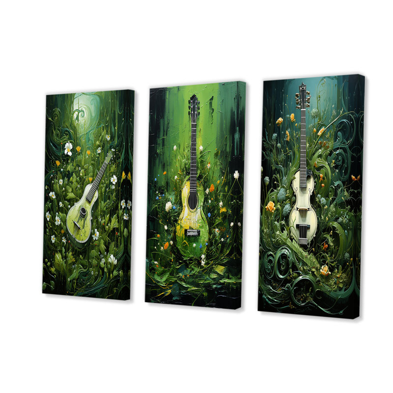 Guitare musicale Meadows herbe verte - ensemble de 3 reproductions d'art mural musical, Toile tendue, H 28 po x l 36 po