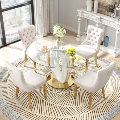 High Gloss Round Dining Table Set with 4 Velvet Dining Chairs