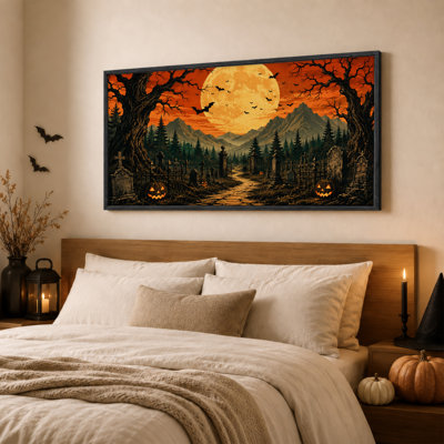 Toile au clair de lune avec citrouilles incandescentes et art mural d'Halloween