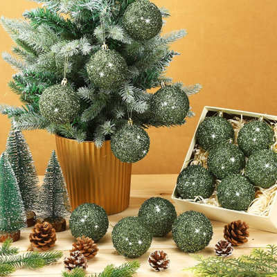 Ensemble de 12 boules de Noël vertes, incassables, à paillettes, style champêtre vintage, à suspendre au sapin, à la porte, au foyer et pour les fêtes.