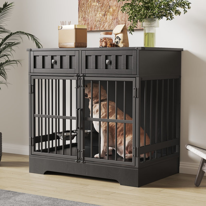 Meuble pour chien 35,1 po avec 2 tiroirs, brun et gris, Noir