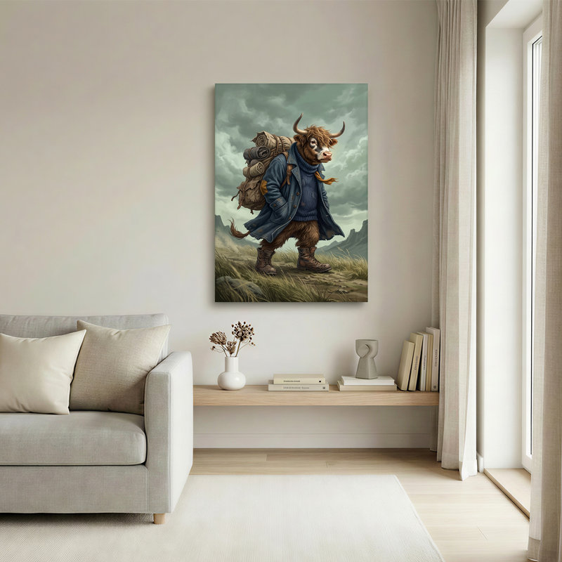 Highland Cow Hiker avec manteau bleu et sac à dos, art mural, H 18 po x l 12 po
