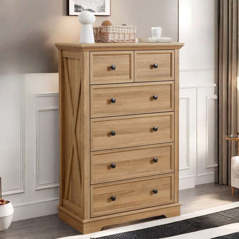 Commode de style campagne avec 6 tiroirs et poignées en métal Dalraj