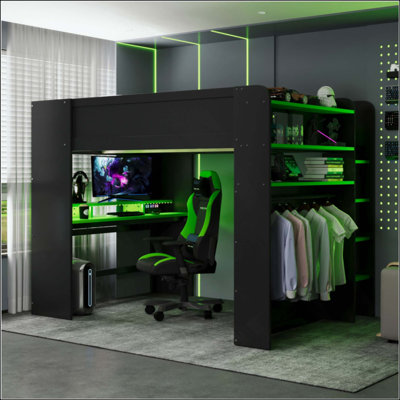 Wood Bunk Bed With Height-Adjustable Desk,Wardrobe,Ample Storage Space,And RGB Light
