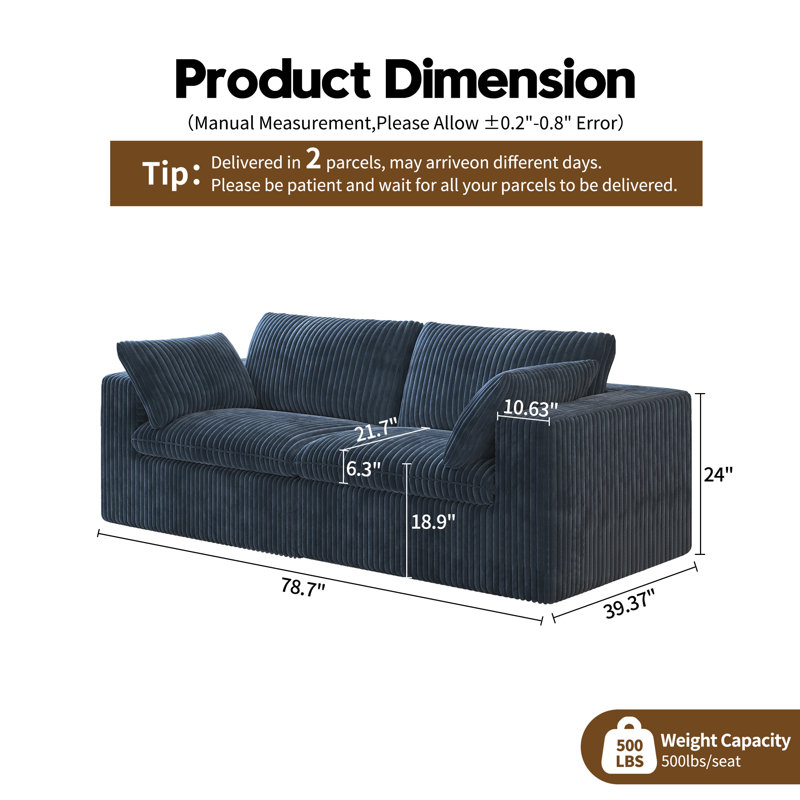 Boneless LoveSeat Cloud Modular Sectional Couch,78.7"W Corduroy Sofa,2-Piece No Assembly Required Boneless Couch