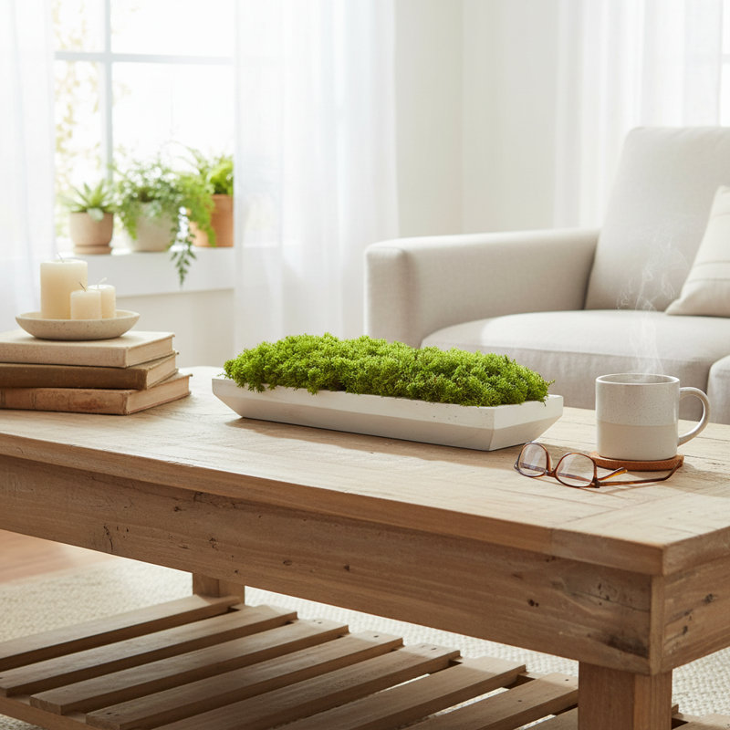 Moss Arrangement In Wood Dough Bowl