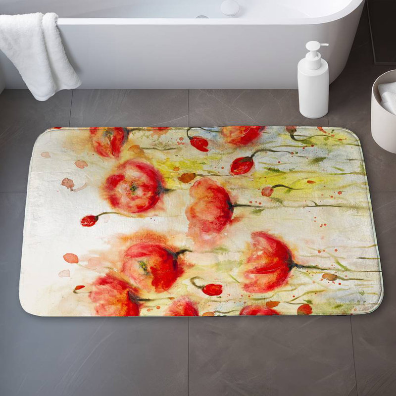 Red flowers garden Bath Mat with Non-Slip Backing - Quick Dry Memory Foam Bathroom Rug - Absorbent - Modern Plush Spa-Style - Machine Washable