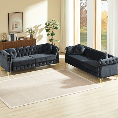 Spring - Pack Design Velvet 6 Seat With Copper Stud Detailing, Rings For Hanging Bone Crafts Black Two Round Pillows, Button Accents, Metal Legs, And Armrest Ring Pp Crafts,