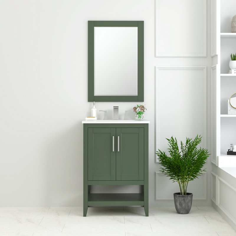 Miroir de salle de bain moderne et contemporain à encadrement rectangulaire vert forêt, 32 po x 22 po, Vert forêt
