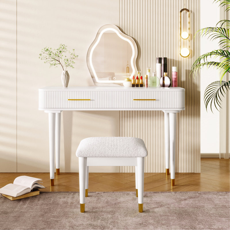 40" Modern Vanity Table Set With Mirror Touch Screen Lighted Mirror, Dressing Table And Cushioned Stool Set With 2 Large Drawers, White