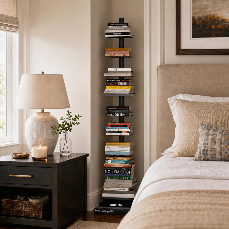 9 Tier Bookshelf, Vertical Corner Shelf With Modern Invisible Spine Ladder, Black
