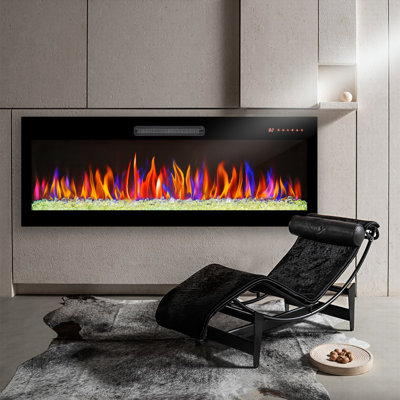 60 Inch Electric Fireplace, Multi Color Flame & Options, 1400W Heat, Remote, 64.76 In Package Depth Wall Mounted Or Built-In, , Clear Digital Display