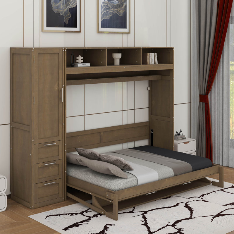 Lit escamotable double avec garde-robe, tiroirs et tablettes