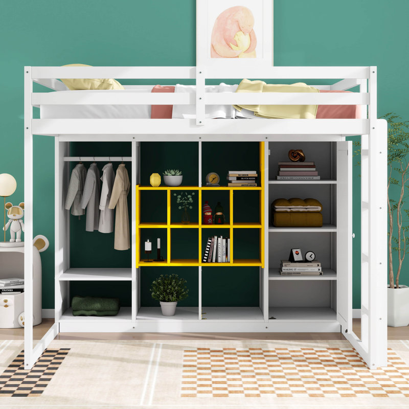 Lit mezzanine double en bois pleine grandeur avec garde-robe et armoire, cadre de lit multi-rangement peu encombrant avec tablettes ouvertes