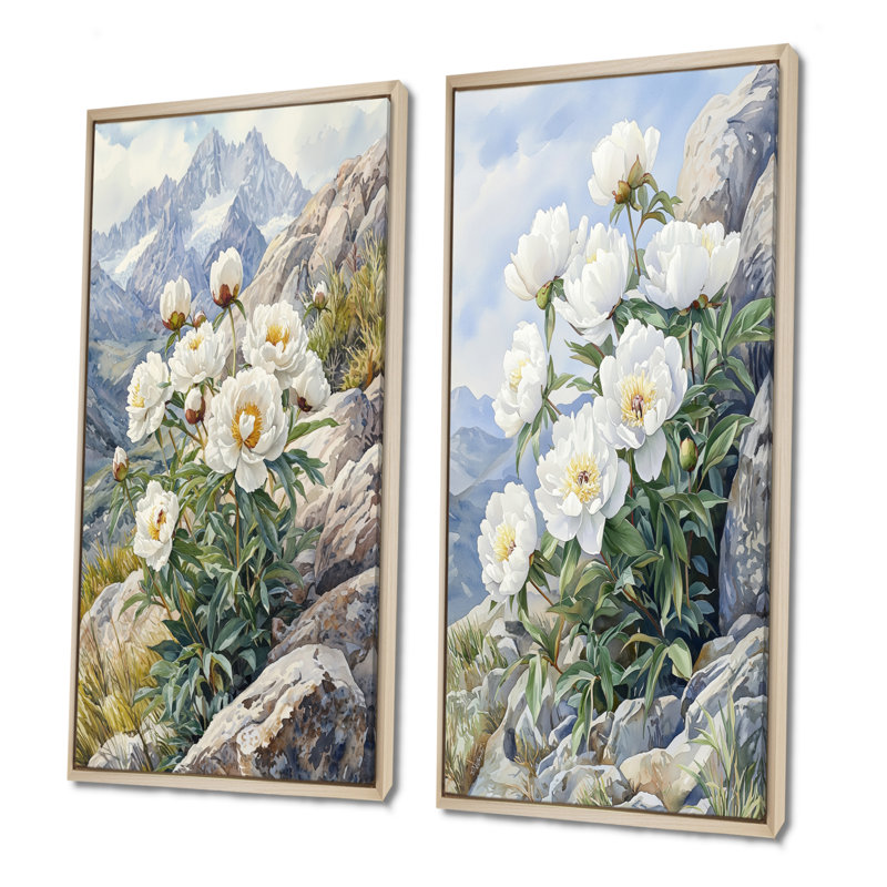 Pivoines par The Rocky Slope I - décoration murale en toile florale 2 pièces, Cadre crème crème, H 28 po x l 25 po
