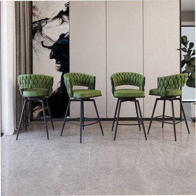 Ensemble de 4 tabourets de bar en suède vert tissé avec pivot à 360 °, pieds noirs et dossier confortable pour îlots et barres de cuisine