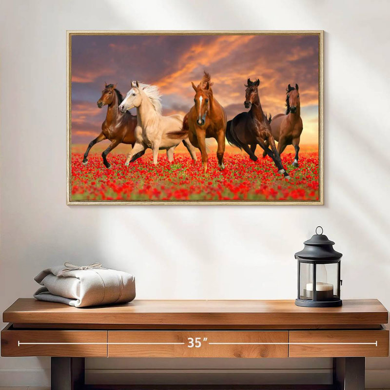 Mustang Horses, 25 po x 17 po, Cadre flottant en bois naturel