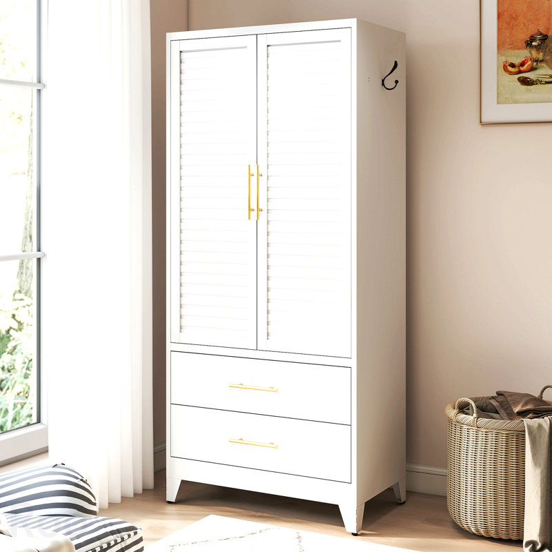 Garde-robe en métal avec 2 portes et tiroirs (71 po de hauteur), finition acier laminé à froid blanc