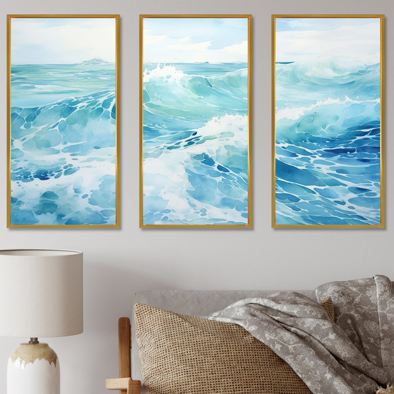 Blue Ocean In Motion Scenery III - Ensemble de décorations murales océan, Cadre flottant doré, H 40 po x l 60 po x P 1 po