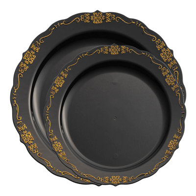 Black with Gold Vintage Rim Round Disposable Plastic Dinnerware Value Set - 120 Sets