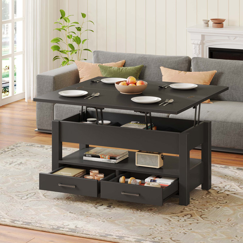 Table basse à plateau relevable avec rangement caché Grijalva, bureau moderne en bois pour le salon, Noir
