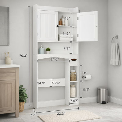 Armoire de rangement autoportante au-dessus de la toilette avec portes et tablettes latérales H 70 po Corneliea