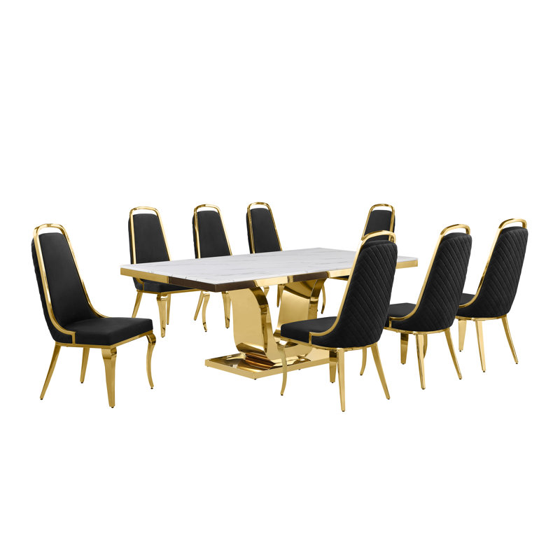 Kimoria Marble Top Pedestal Dining Set, Black, 9