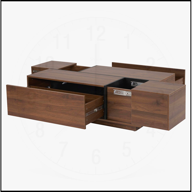 Table basse rectangulaire à plateau coulissant double avec tiroirs et rangement caché pour les salons modernes, Noyer