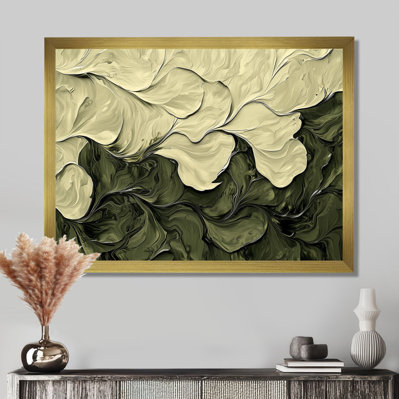 Jacovian abstrait crème vert pétale danse I - abstrait grand art mural, H 12 po x l 20 po, Picture Framed, Doré