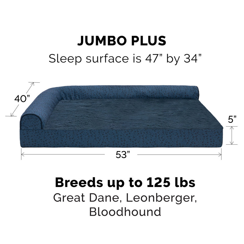 Plush Fur & Almond Print Deluxe L-Chaise Sofa Pet Bed, Blue, Extra Large (40" W x 53" D x 9.5" H)