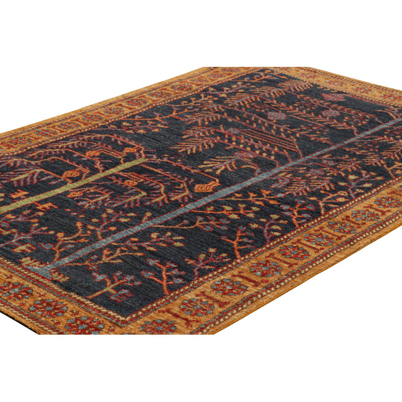 Rug & Kilim’s Tribal Rug In Navy Blue, With Colorful Floral Patterns, Rectangle 4' x 5'