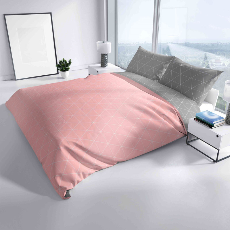 Denice Renforcé Bed Linen, 135 x 200cm Duvet Cover + 1 Pillowcase, Pink/Grey