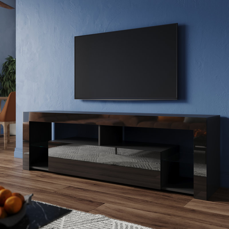 RGB Color Changing Light Mood TV Cabinet with Flip-Down Door, 50.5cm H x 140cm L x 35cm W, Black