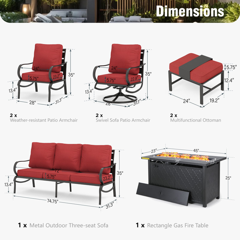 Tapasi 9 - Person Patio Conversation Set with Swivel Lounge Chairs & Optional Firepit Table, Red, Yes