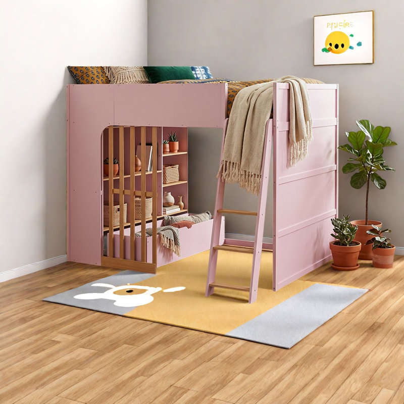 Lit mezzanine gain de place avec rangement, en bois MDF, rose moderne, idéal pour chambre d'enfant, Pink