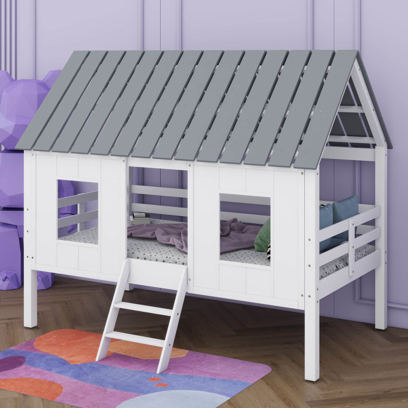  Lit simple mezzanine bas avec toit et deux fenêtres à l'avant