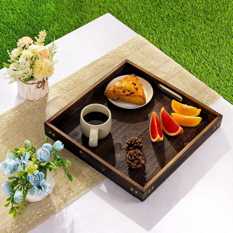 Wood Serving Tray with Handles 13x13, Square Decorative Coffee Table Tray for Home Decor, Kitchen, Bathroom & Ottoman
