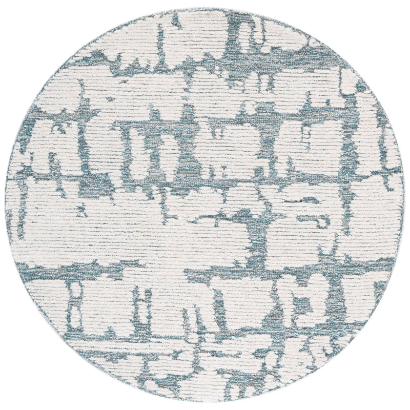 Handmade Teal and Ivory Wool Round Abstract Rug, 4' Diameter