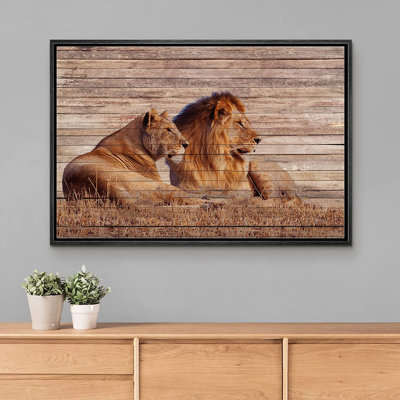 Signe, reproduction d'art sur toile encadrée, panneau de bois, safari africain, lion, lionne, animaux, faune, art numérique, réalisme, décoration, rustique, détente / calme pour le salon, la chambre à coucher, le bureau