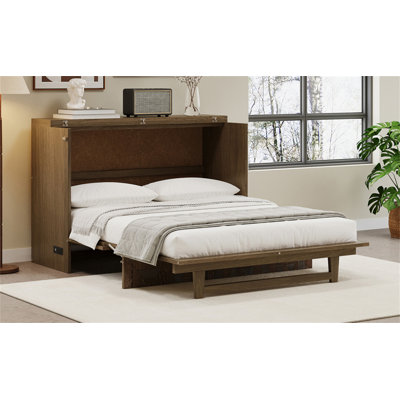 Farmhouse Style Queen Size Cabinet Murphy Bed With Charging Station And Large Storage Drawer, Geometric Veneer Foldable Murphy Bed For Home Office, Li -  Loon Peak®, 9A394CD5305D4592B81AE91E3B0931D5