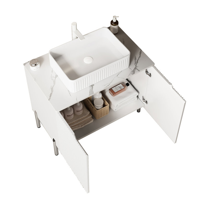 Meuble-lavabo de 30 po avec lavabo rectangulaire en céramique blanche, rangement à 2 portes, comptoir, conception à rayures françaises, fermeture en douceur, panneau de particules, évier sur pied, portes lustrées, style romantique, moderne