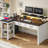 55" L Shaped Farmhouse Computer Desk With Power Outlets & LED Light & 2 Drawers, Home Office Gaming Writing Desk With Monitor Stand & Cabinet