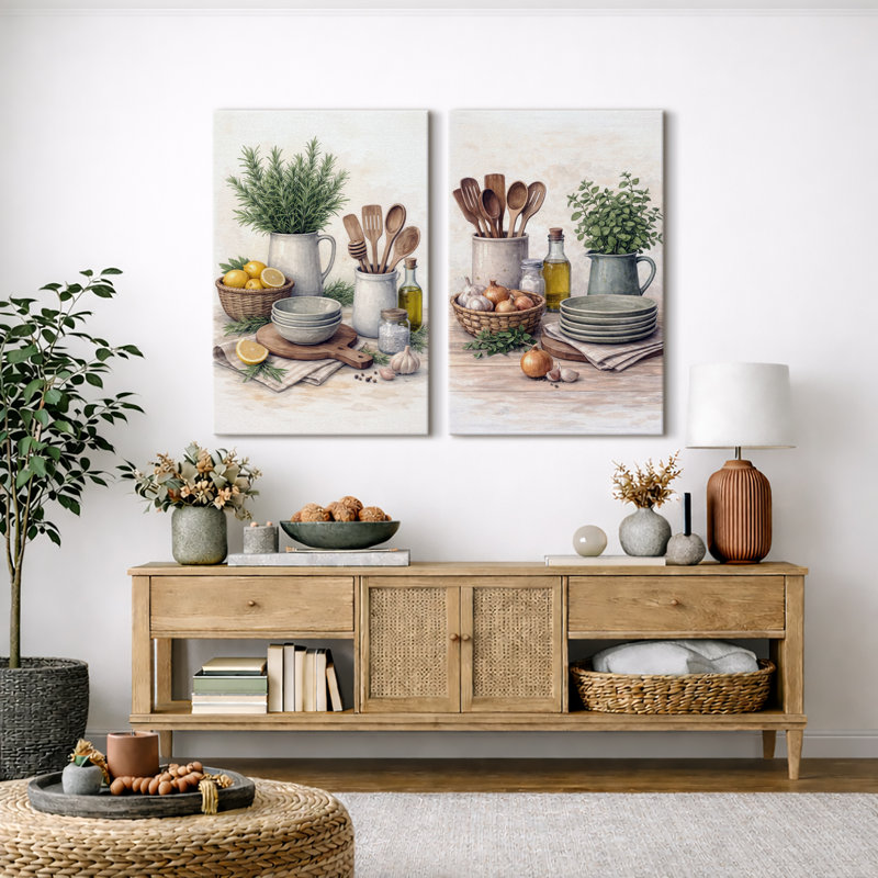 Rustic Kitchen Herbs and Utensils Artwork, Farmhouse Kitchen Pictures, Framed Canvas Giclee Print 2 Pieces Wall Art